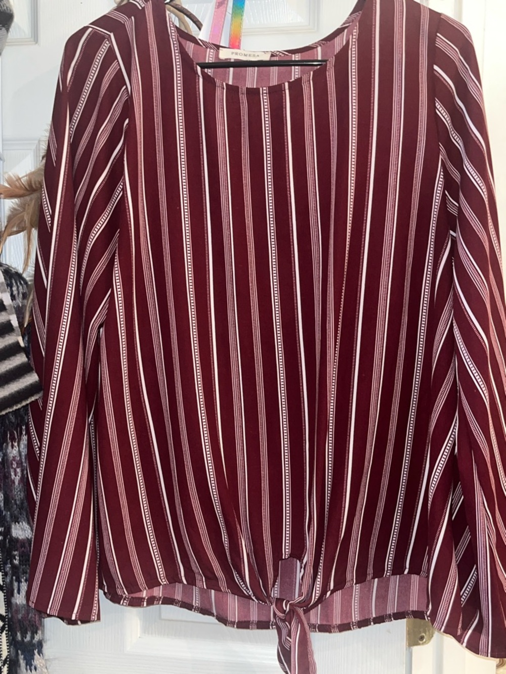 Promesa Burgundy and White Vertical Stripe Tie-Front Blouse